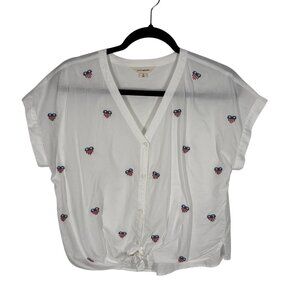 Lucky Brand Women S White w/Embroidered Heart American Flag Button Up Blouse Top